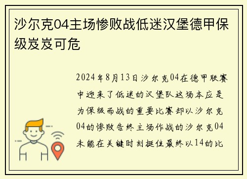 沙尔克04主场惨败战低迷汉堡德甲保级岌岌可危